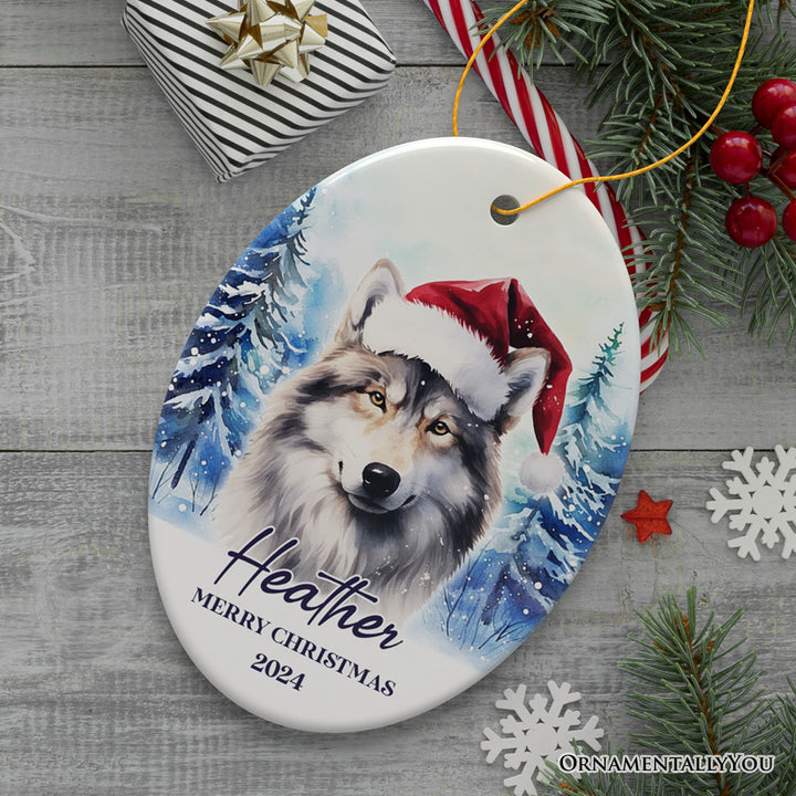 Wolf with Santa Hat Personalized Ornament, Winter Forest Christmas Gift With Custom Name and Date