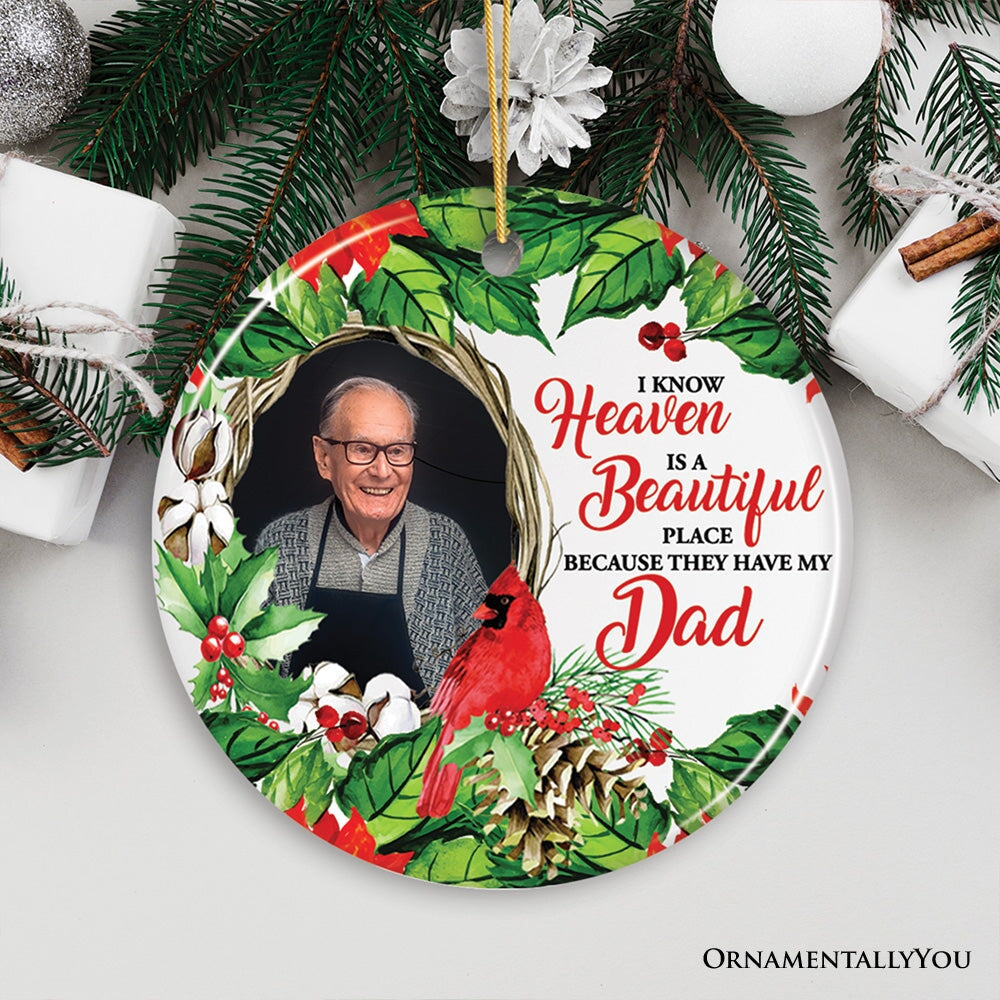 Deceased Family Wreath Portrait Personalized Ornament, Heaven is a Beautiful Place Quote with Cardinal Art Ceramic Ornament OrnamentallyYou 