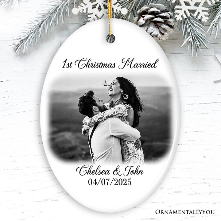 First Christmas Married Personalized Photo Ornaments, Mr And Mrs Wedding Gift Ceramic Ornament OrnamentallyYou Oval 