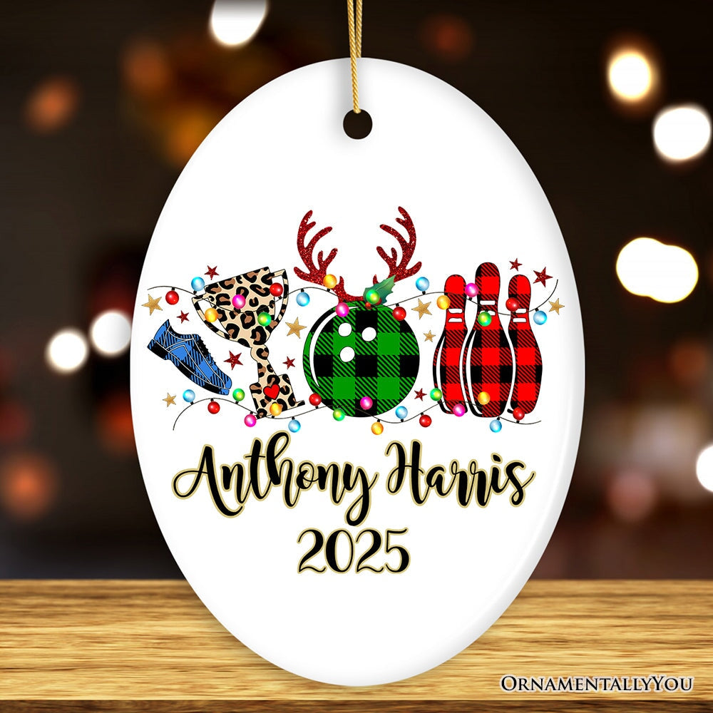 Personalized Bowling Buffalo Plaid Leopard Christmas Ornament, Ball Pins and Trophy