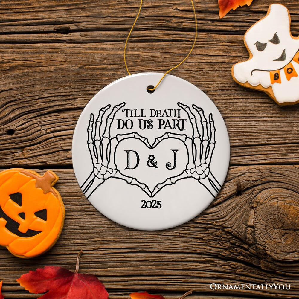 Minimalist Skeleton Couple Personalized Ornament, Spooky Wedding Keepsake Gift Ceramic Ornament OrnamentallyYou Circle 