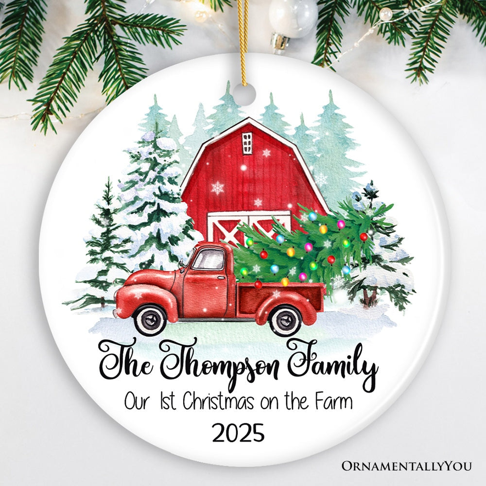 First Christmas on The Farm Personalized Ornament, Red Truck Housewarming Family Gift Ceramic Ornament OrnamentallyYou Circle 