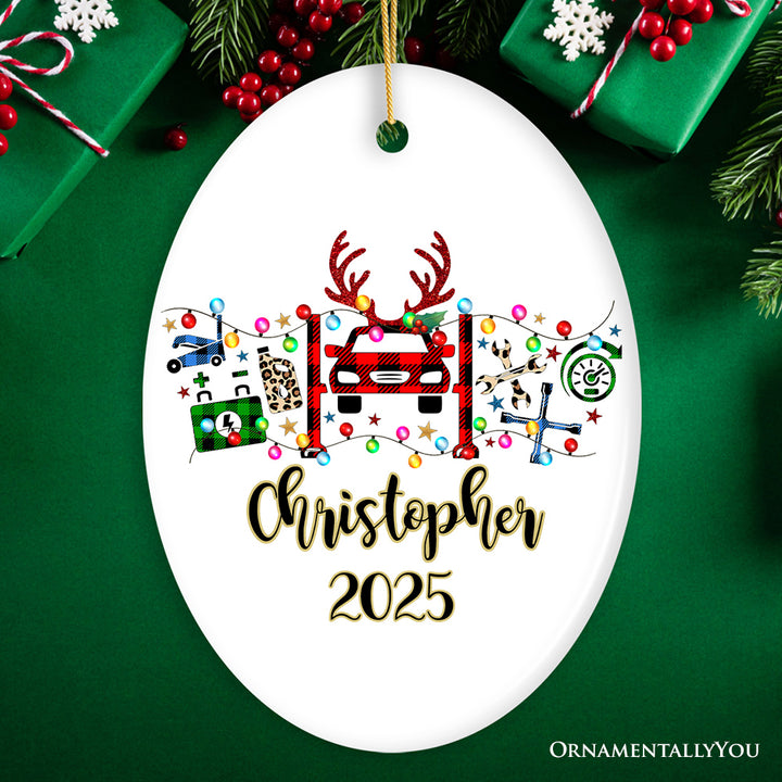 Personalized Automotive Technician Plaid Christmas Ornament, Mechanic Repair and Parts Gift for Shop