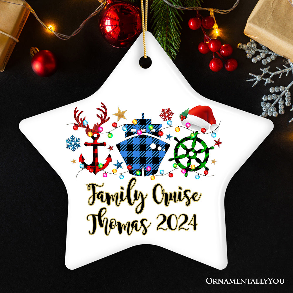 Personalized Cruise Vacation Buffalo Plaid Leopard Merry Christmas Ornament Gift