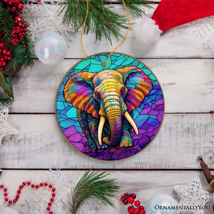 Forest Giants Elephant Stained Glass Style Ceramic Ornament, Safari Animals Christmas Gift and Decor Ceramic Ornament OrnamentallyYou 