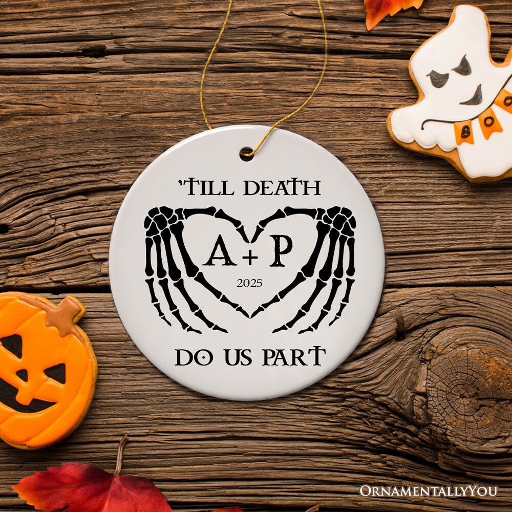 Gothic Skeleton Wedding Personalized Ornament, Til Death Do Us Part Monogram Keepsake Ceramic Ornament OrnamentallyYou Circle 