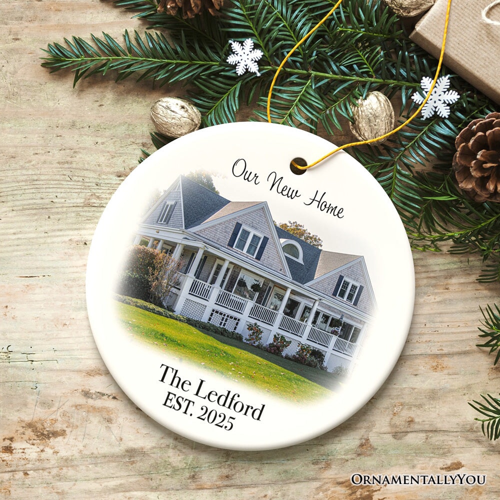 Custom Home Portrait Ornament, Housewarming Gift, New or First Home Ceramic Ornament OrnamentallyYou 