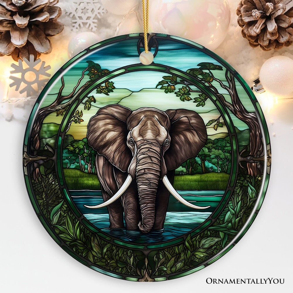 African Pachyderm Elephant Stained Glass Style Ceramic Ornament, Safari Animals Christmas Gift and Decor Ceramic Ornament OrnamentallyYou 