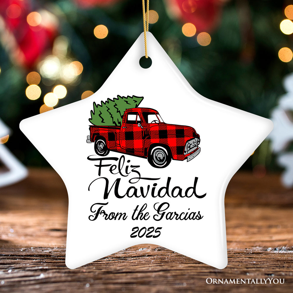 Personalized Feliz Navidad Plaid Red Truck Family Christmas Ornament