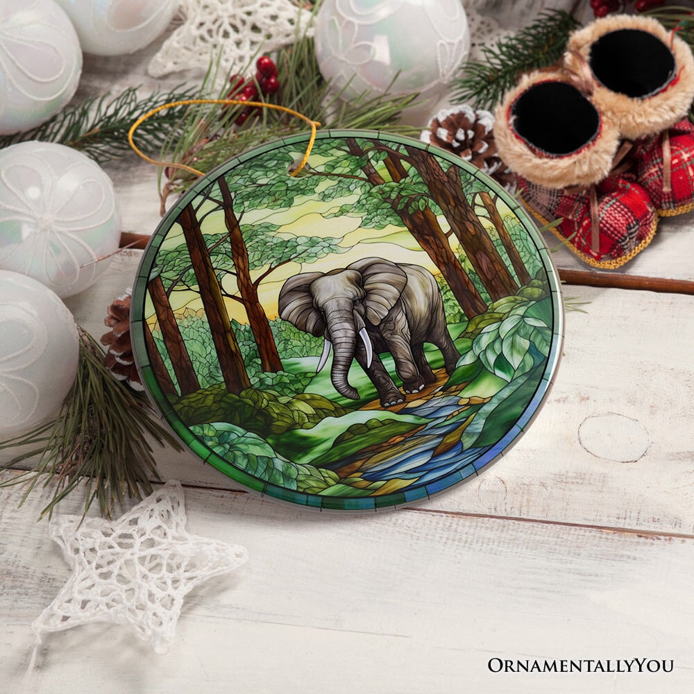 Gentle Giants Elephant Stained Glass Style Ceramic Ornament, African Animals Christmas Gift and Decor Ceramic Ornament OrnamentallyYou 