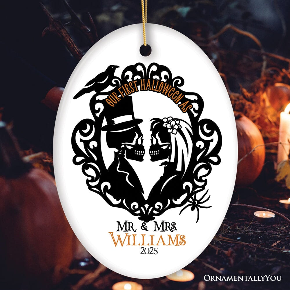Gothic First Halloween Married Custom Ornament, Skeleton Couple Wedding Personalized Gift Ceramic Ornament OrnamentallyYou Oval 