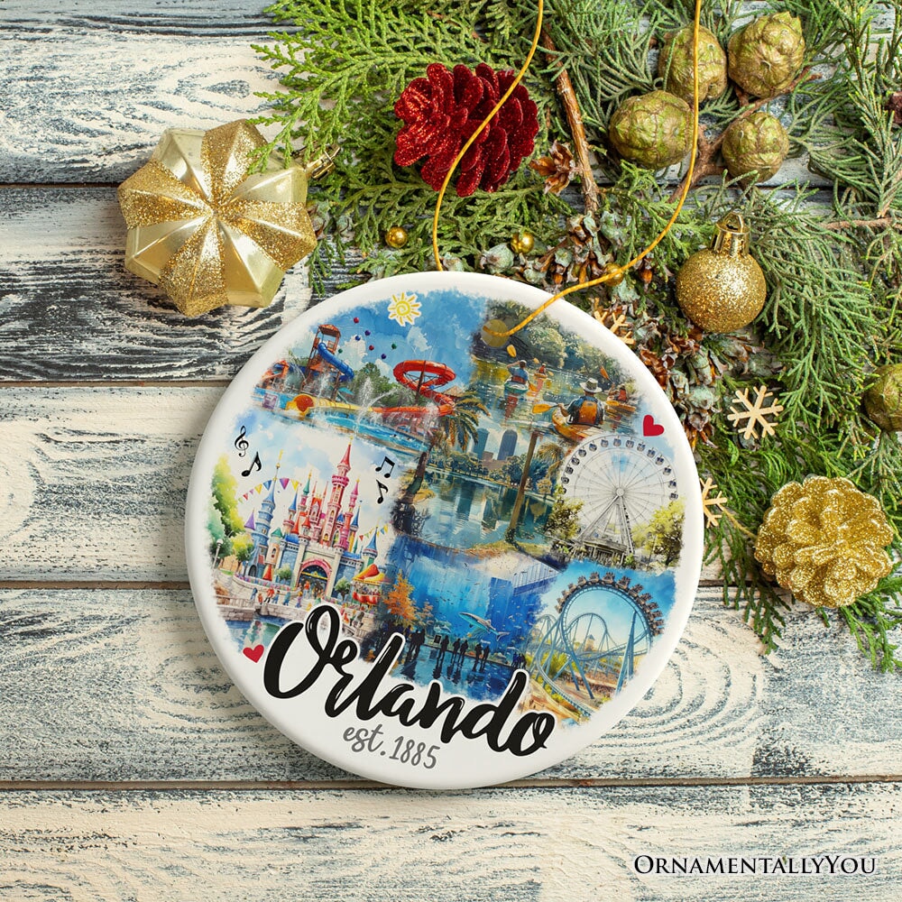 Tropically Wonderful Orlando Ceramic Ornament, Vintage Florida Souvenir with Universal Park and Space Station Ceramic Ornament OrnamentallyYou 