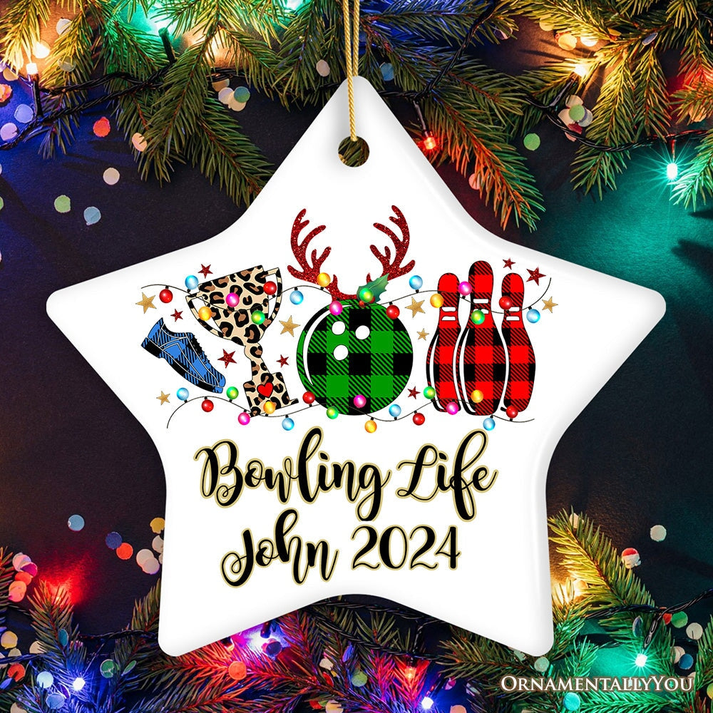 Personalized Bowling Buffalo Plaid Leopard Christmas Ornament, Ball Pins and Trophy Ceramic Ornament OrnamentallyYou Star 