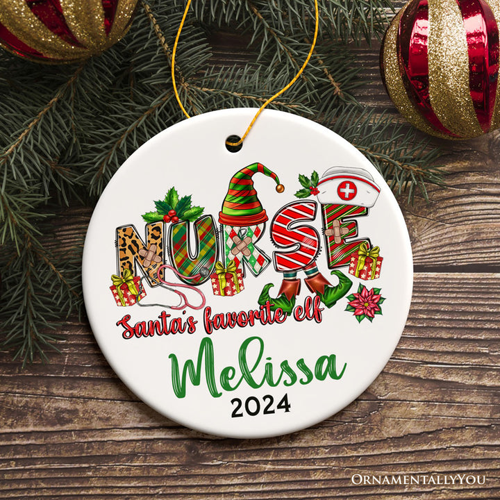 Santa’s Favorite Nurse Elf Personalized Christmas Ornament, Custom Nursing Present