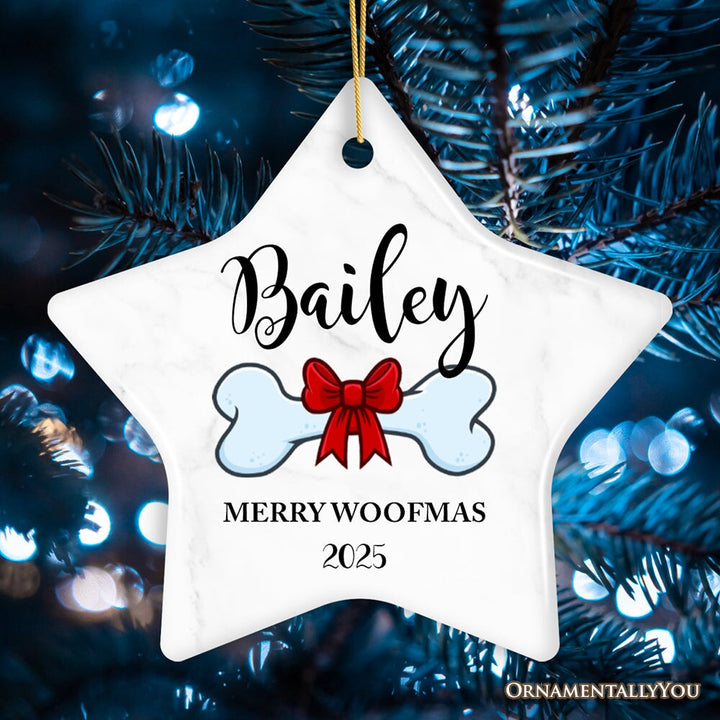 Dog Personalized Merry Woofmas Ornament With Bone, Custom Name and Date Puppy Gift