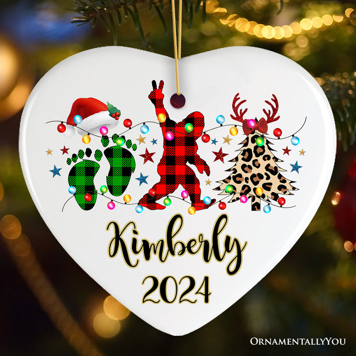 Personalized Bigfoot Buffalo Plaid Christmas Ornament, Sasquatch Holiday Decoration