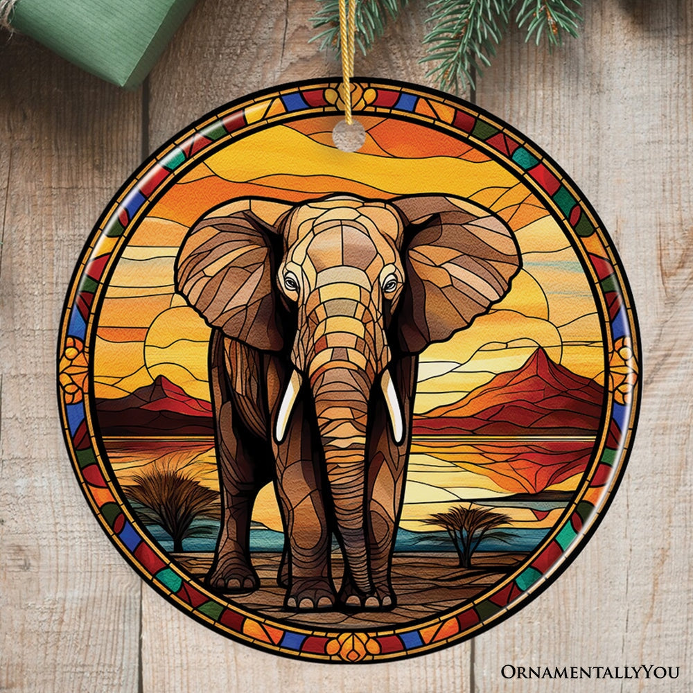 Safari Elephant Trek Stained Glass Style Ceramic Ornament, African Animals Christmas Gift and Decor Ceramic Ornament OrnamentallyYou Circle 