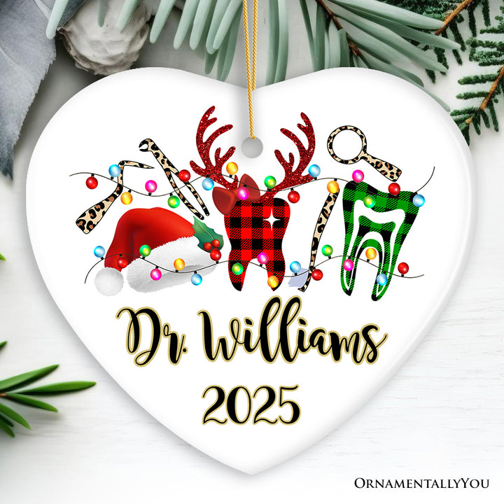 Personalized Dentist Buffalo Plaid Leopard Merry Christmas Ornament, Dental Gift