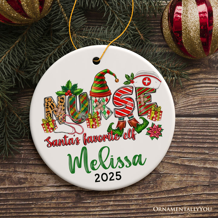 Santa’s Favorite Nurse Elf Personalized Christmas Ornament, Custom Nursing Present