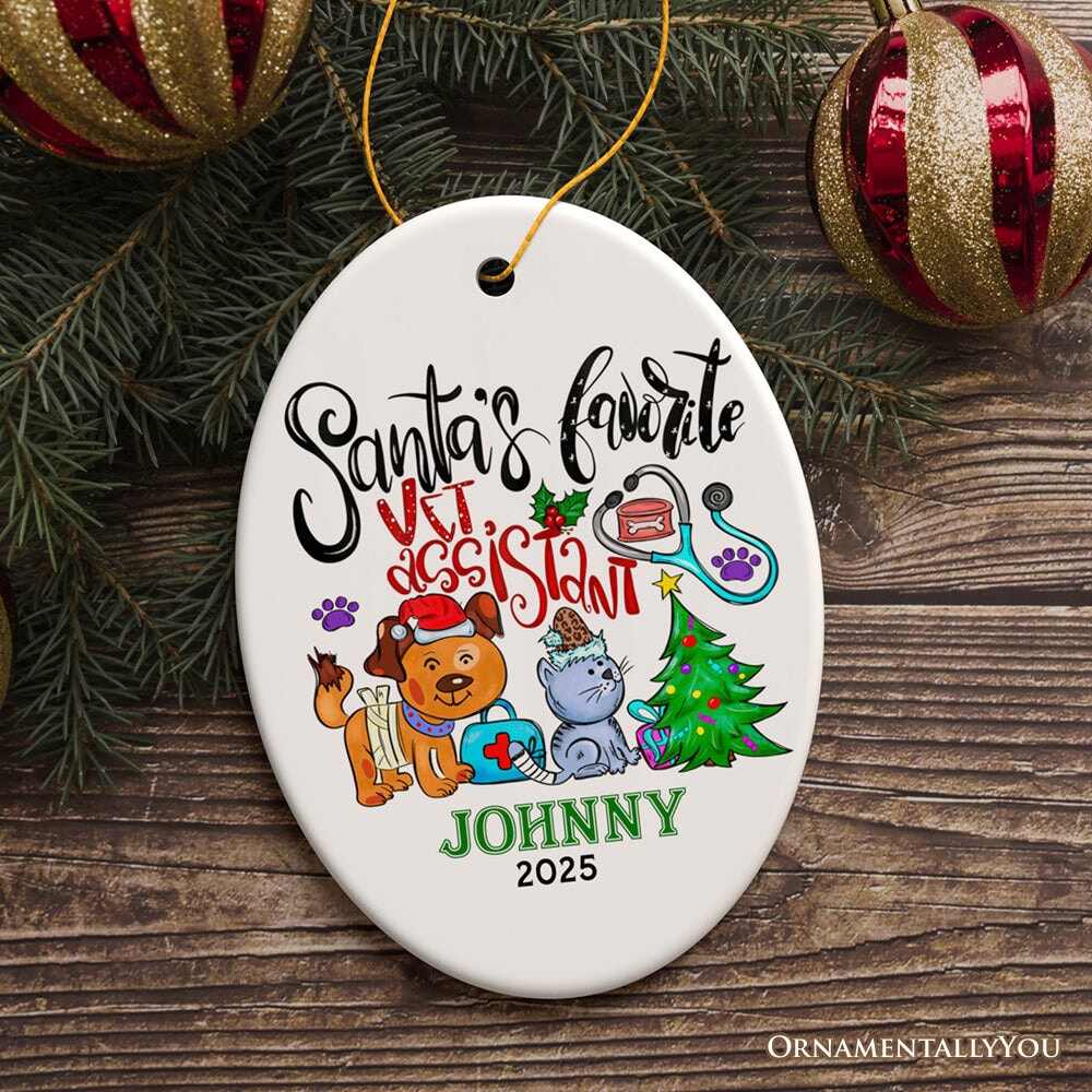 Colorful & Fun Santa's Favorite Vet Assistant's Paw-some Christmas Ornament, Veterinary Animal Health Worker Appreciation Gift Ceramic Ornament OrnamentallyYou Oval 