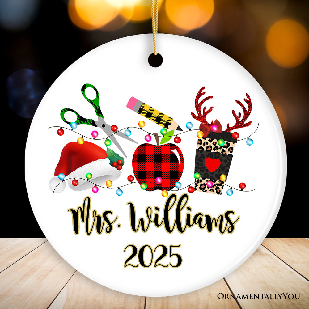 Personalized Plaid Teacher Merry Christmas Ornament, Holiday School Xmas Gift