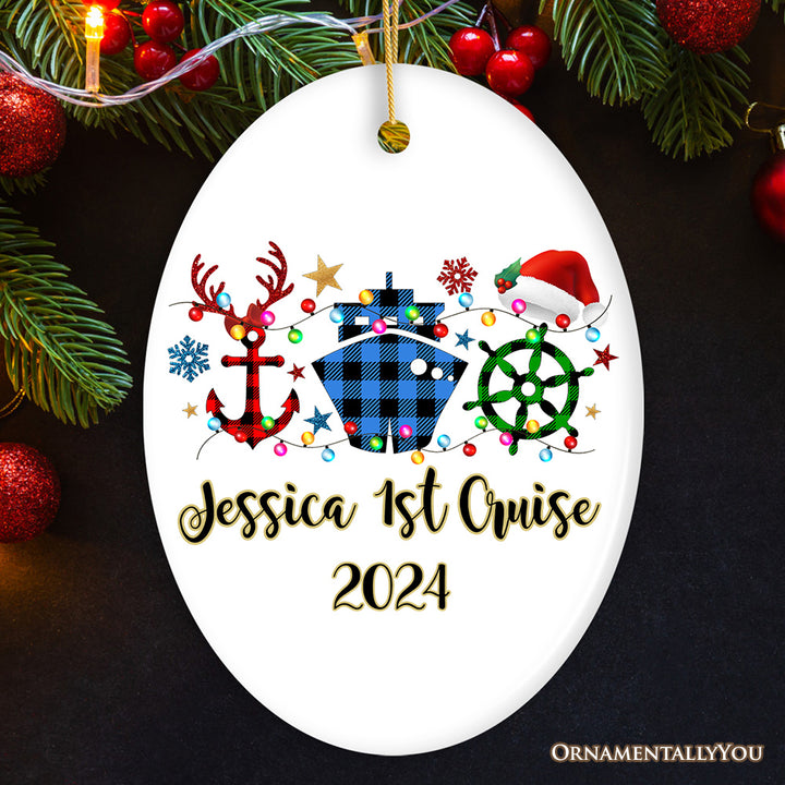 Personalized Cruise Vacation Buffalo Plaid Leopard Merry Christmas Ornament Gift