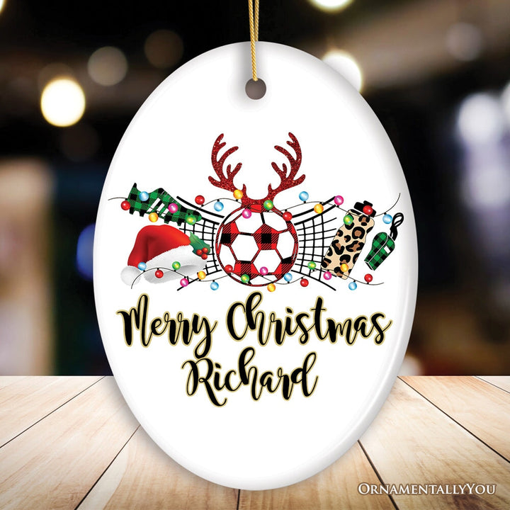 Personalized Soccer Buffalo Plaid Leopard Merry Christmas Ornament, Team and Coaches Gift Ceramic Ornament OrnamentallyYou Oval 