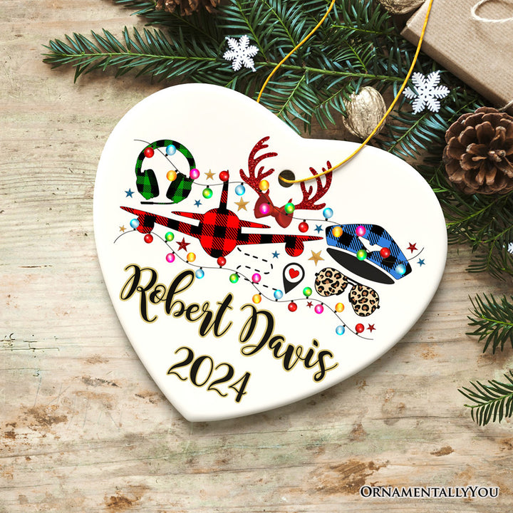 Personalized Airplane Pilot Buffalo Plaid Christmas Ornament, Flight Aircraft Crew Gift Holiday Decoration