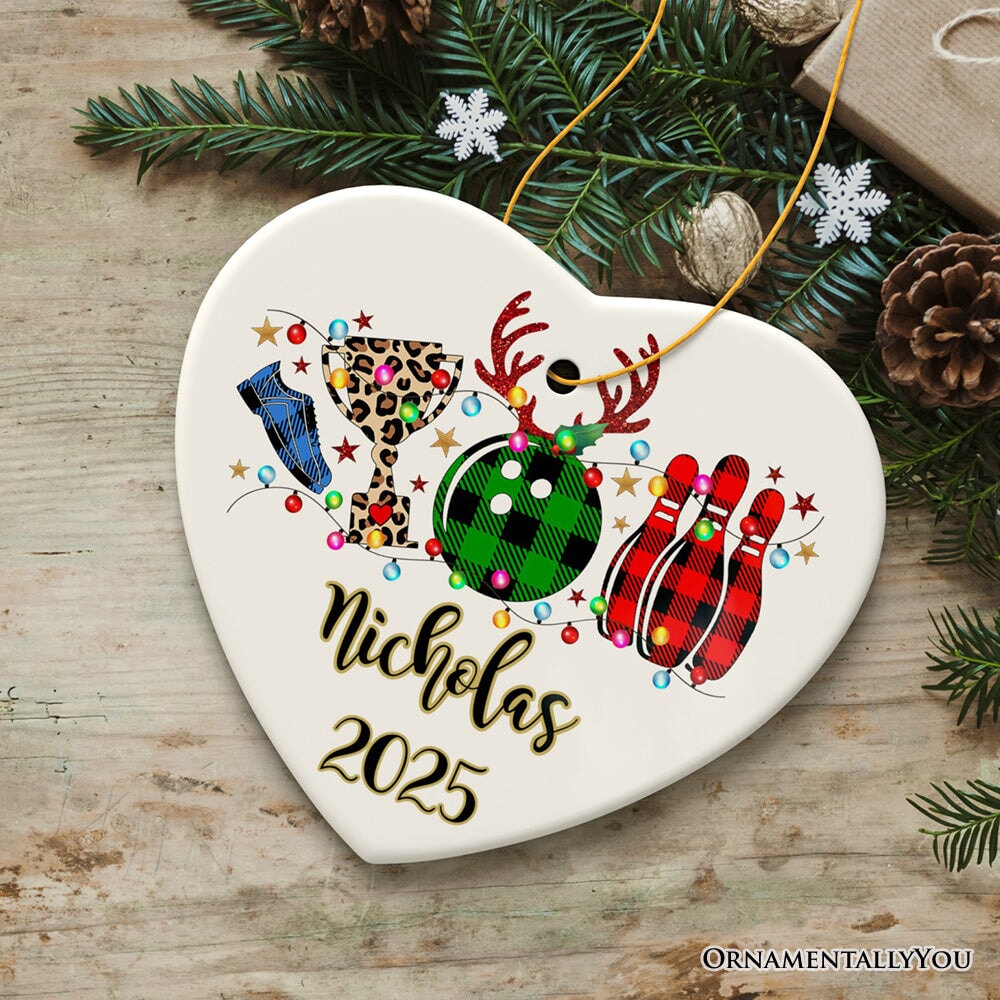 Personalized Bowling Buffalo Plaid Leopard Christmas Ornament, Ball Pins and Trophy Ceramic Ornament OrnamentallyYou Heart 