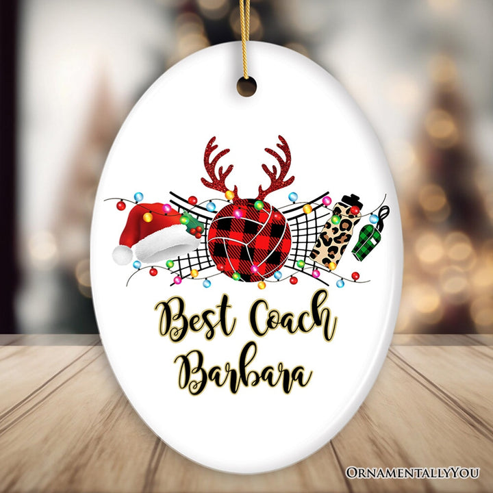 Personalized Volleyball Buffalo Plaid Leopard Merry Christmas Ornament, Team and Coaches Gift Ceramic Ornament OrnamentallyYou Oval 