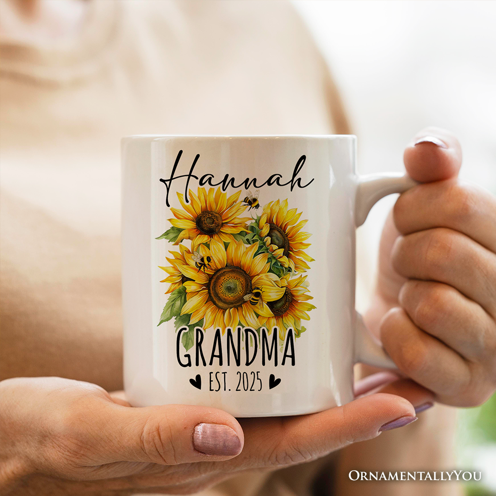 Best Grandma Ever Personalized Mug, Sunflower Grandmother Gift With Custom Name and Date