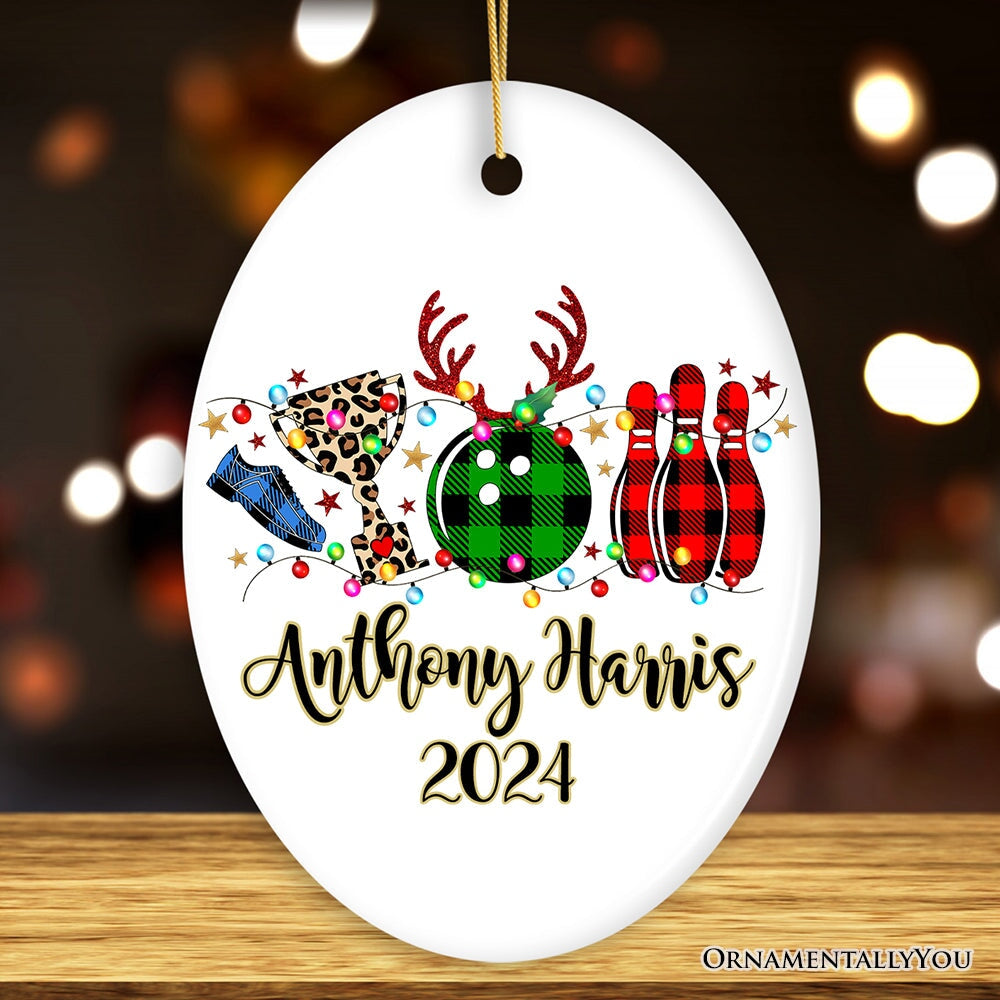 Personalized Bowling Buffalo Plaid Leopard Christmas Ornament, Ball Pins and Trophy Ceramic Ornament OrnamentallyYou Oval 