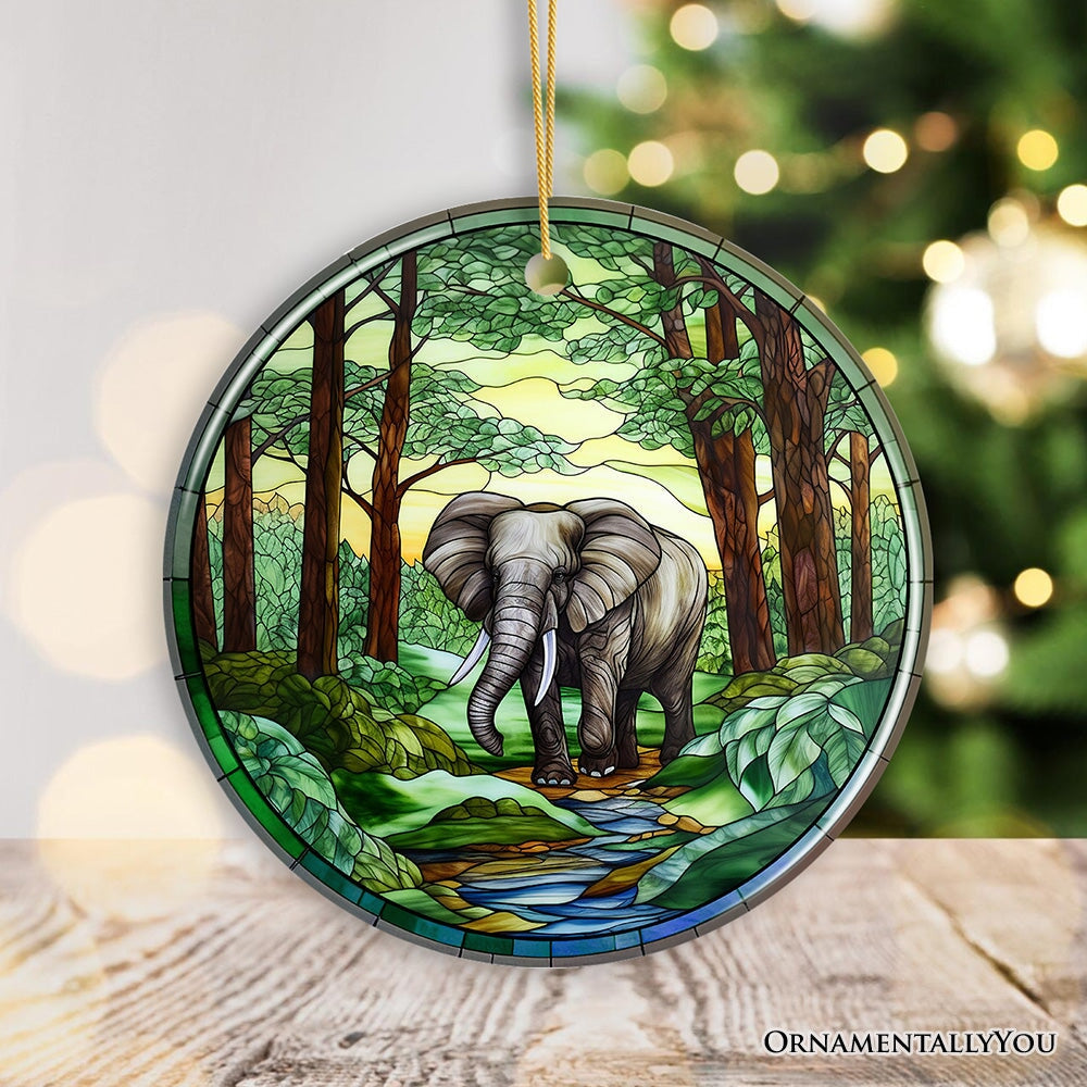 Gentle Giants Elephant Stained Glass Style Ceramic Ornament, African Animals Christmas Gift and Decor Ceramic Ornament OrnamentallyYou Circle 