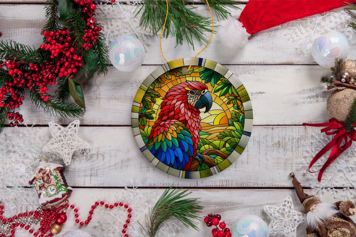 Feathered Friends Adventure Parrot Stained Glass Style Ceramic Ornament, Safari Animals Christmas Gift and Decor Ceramic Ornament OrnamentallyYou 