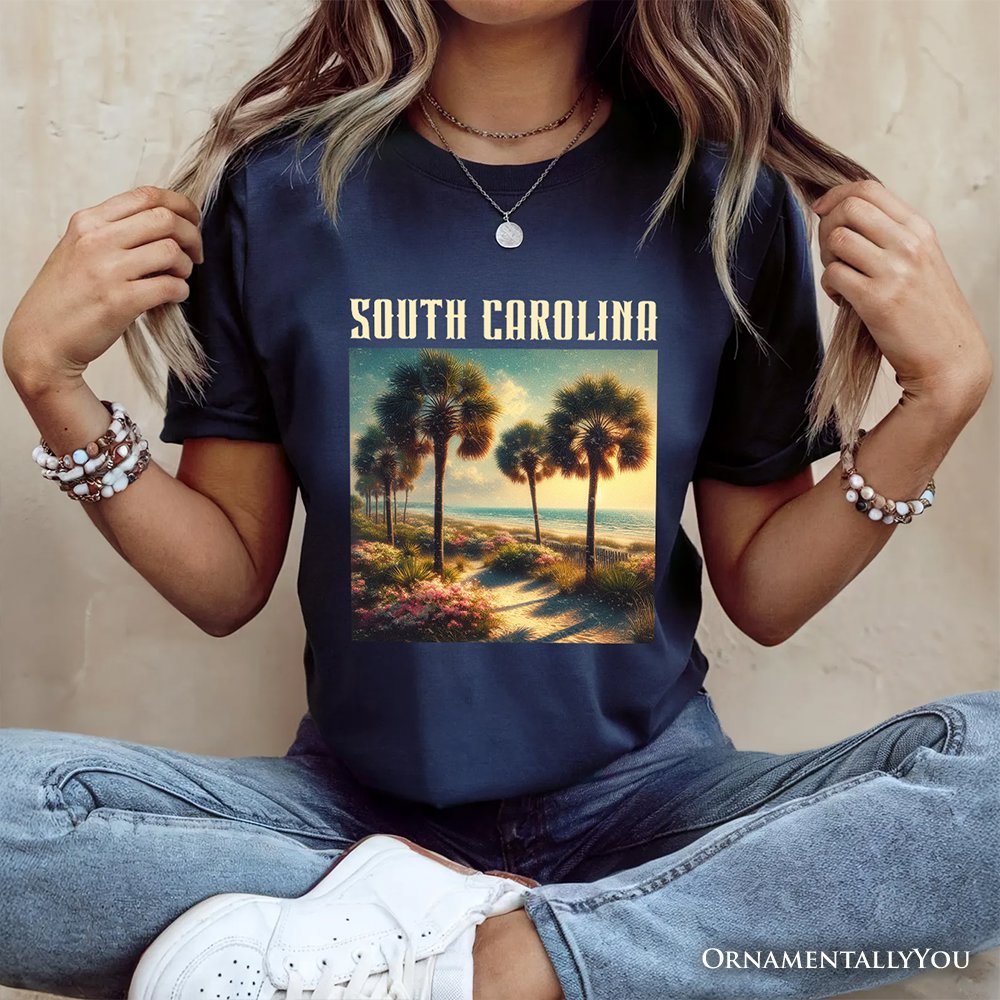 Serene South Carolina State Palmetto Beach Scene T-Shirt, Coastal Tee and Tropical Keepsake Souvenir T-Shirts OrnamentallyYou 
