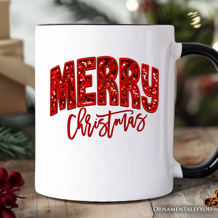Merry Christmas Sequin Personalized Mug, Bold Red Glitter Custom Gift for Festive Holiday Season