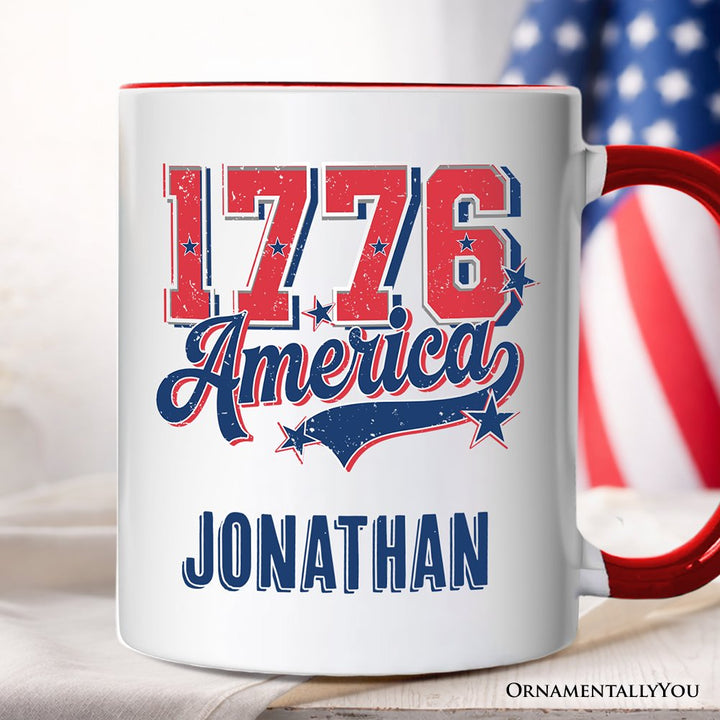 1776 America Vintage Personalized Mug, Patriotic Retro USA Freedom 4th of July Gift with Custom Name Personalized Ceramic Mug OrnamentallyYou Red Handle Customized 