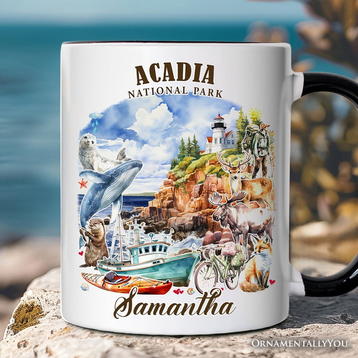 Majestic Acadia National Park Artwork Personalized Mug, Maine Travel Gift and Souvenir with Custom Name Personalized Ceramic Mug OrnamentallyYou White - Black Customized 