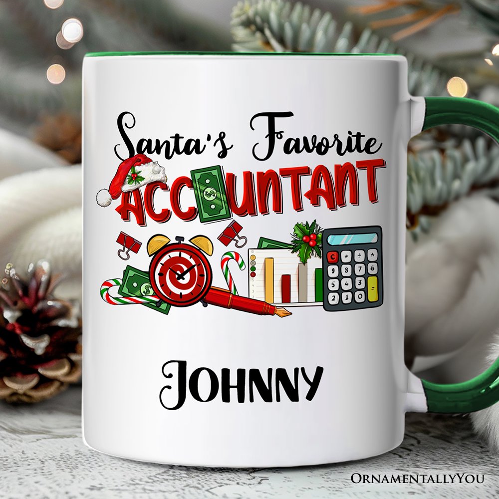 Santa's Favorite Accountant Personalized Mug, Tax Bookkeeper and CPA Christmas Gift with Custom Name Personalized Ceramic Mug OrnamentallyYou White - Green Customized 