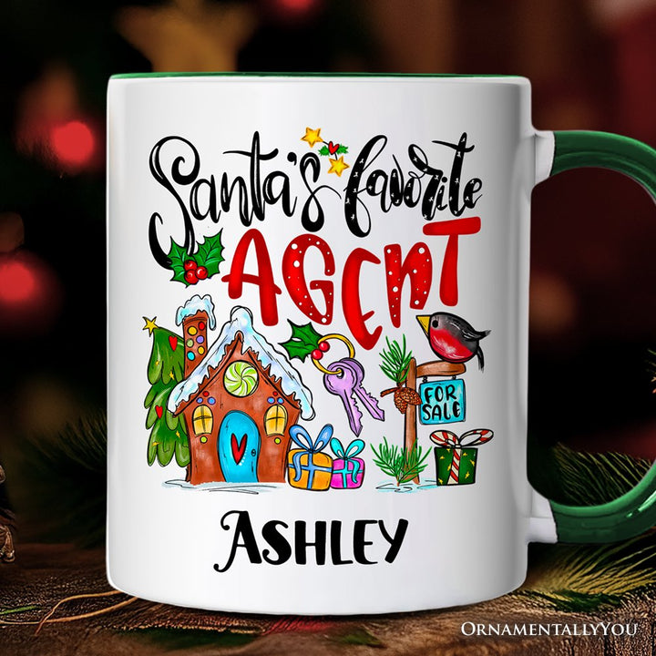 Santa’s Favorite Real Estate Agent Personalized Mug, Appreciation Gift for Realtor and Sales Closing with Custom Name Personalized Ceramic Mug OrnamentallyYou White - Green Customized 