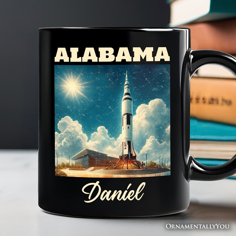 Retro Alabama State Rocket Launch Personalized Mug, NASA Space Center Gift and Huntsville Souvenir with Custom Name Personalized Ceramic Mug OrnamentallyYou Black Customized 