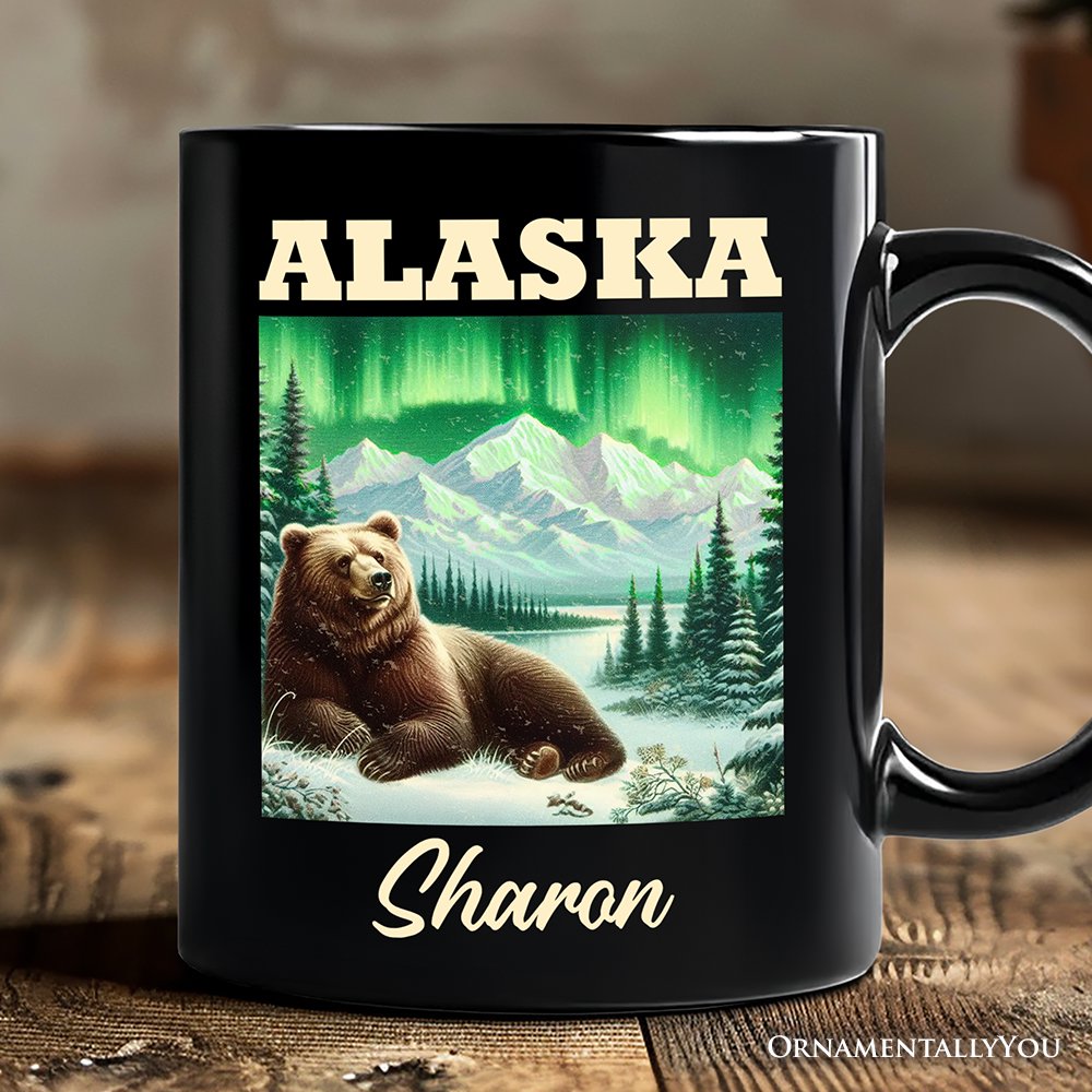 Majestic Alaska State Wilderness Vintage Personalized Mug, Northern Lights Grizzly Bear Gift and Nature Souvenir with Custom Name Personalized Ceramic Mug OrnamentallyYou Black Customized 