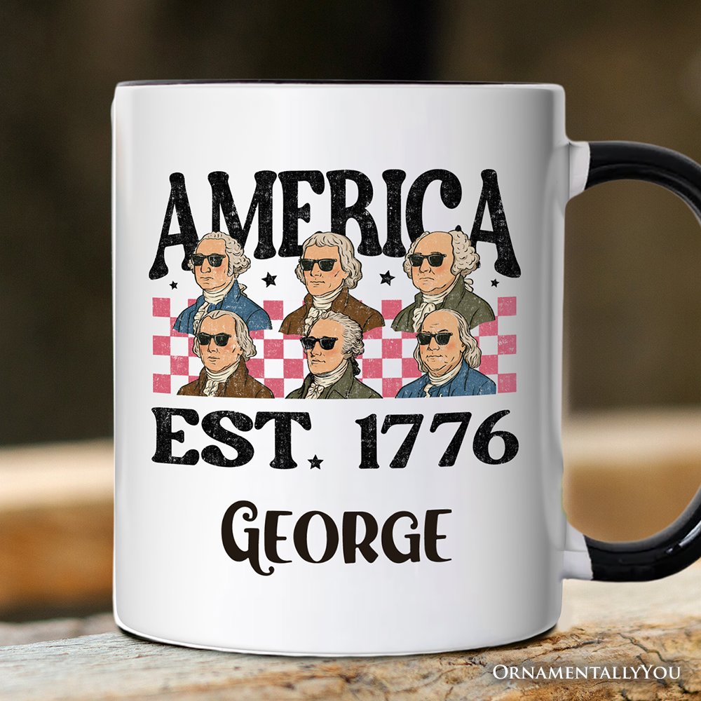 America Est 1776 Founding Fathers Vintage Personalized Mug, Retro Patriotic Gift with Custom Name Personalized Ceramic Mug OrnamentallyYou White - Black Customized 