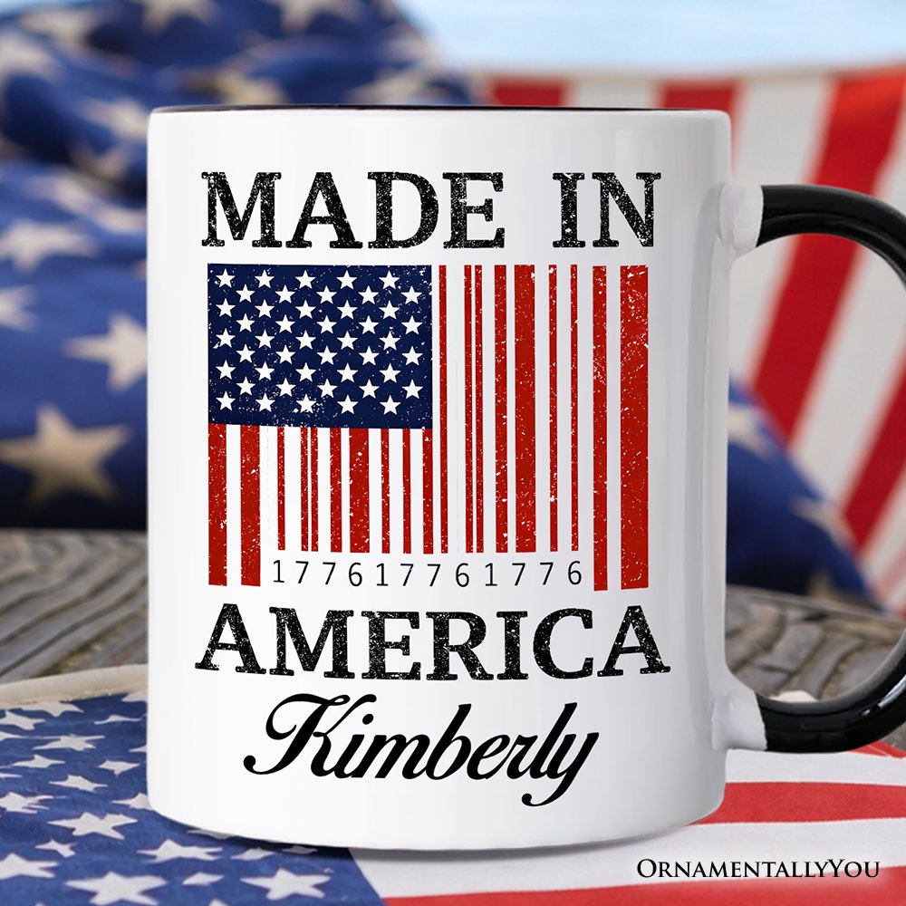 Made In America Bar Code Flag Personalized Mug, Patriotic 1776 USA 250th Anniversary Gift with Custom Name Personalized Ceramic Mug OrnamentallyYou Black Handle Customized 