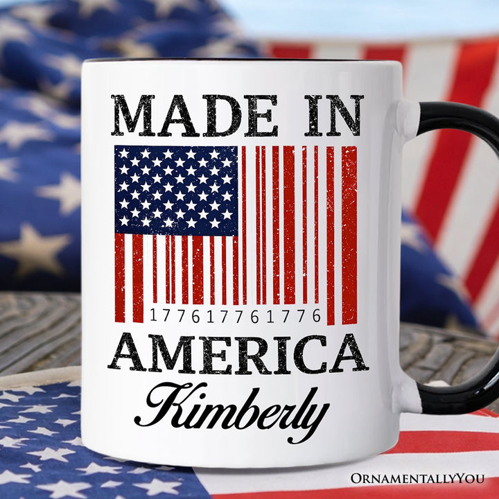 Made In America Bar Code Flag Personalized Mug, Patriotic 1776 USA 250th Anniversary Gift with Custom Name Personalized Ceramic Mug OrnamentallyYou Black Handle Customized 