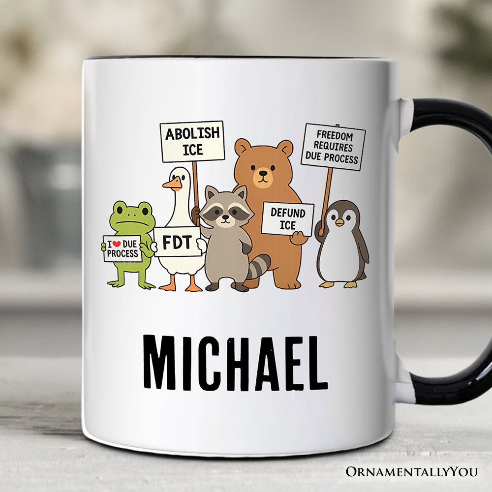 Abolish ICE Animals Protest Personalized Mug, Cute Activist Gift with Custom Name Personalized Ceramic Mug OrnamentallyYou Black Handle Customized 