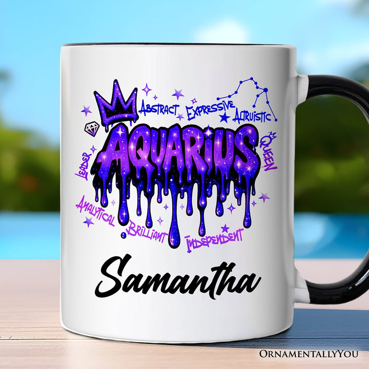Aquarius Graffiti Zodiac Personalized Mug, Street Style Astrology Horoscope Gift with Custom Name Personalized Ceramic Mug OrnamentallyYou Black Handle Customized 
