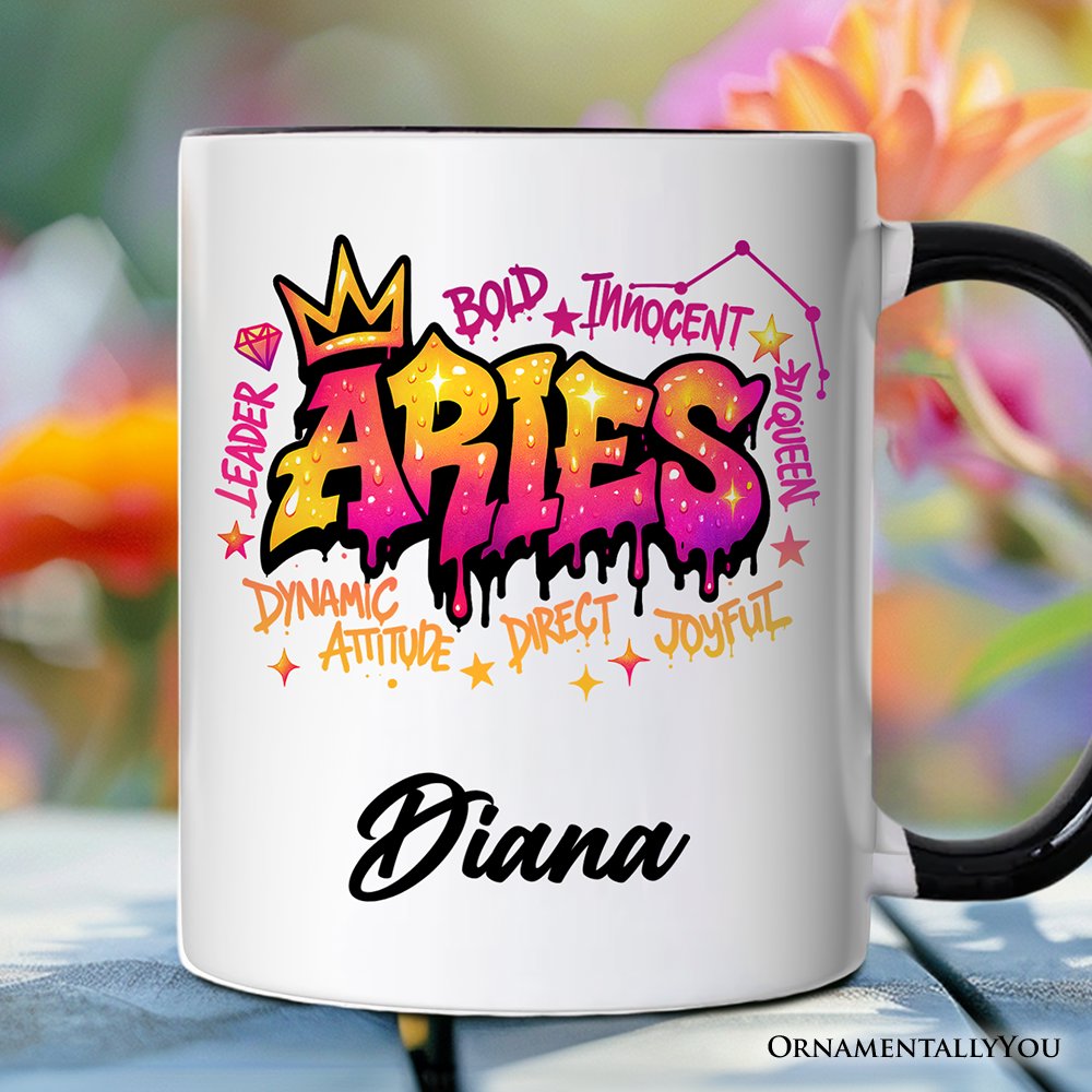 Aries Graffiti Zodiac Personalized Mug, Street Style Astrology Horoscope Gift with Custom Name Personalized Ceramic Mug OrnamentallyYou Black Handle Customized 