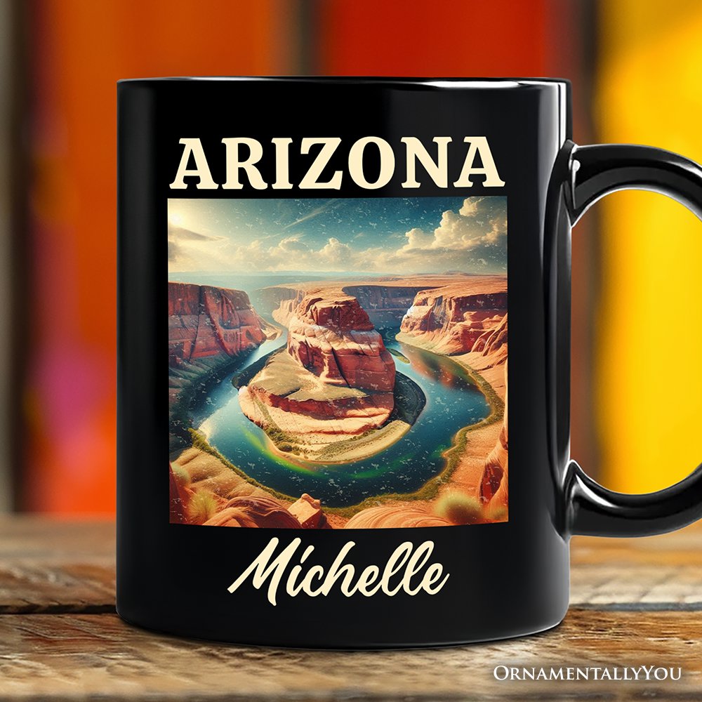 Scenic Arizona State Desert Canyon Vintage Personalized Mug, Horseshoe Bend Gift and Southwest Nature Souvenir with Custom Name Personalized Ceramic Mug OrnamentallyYou Black Customized 