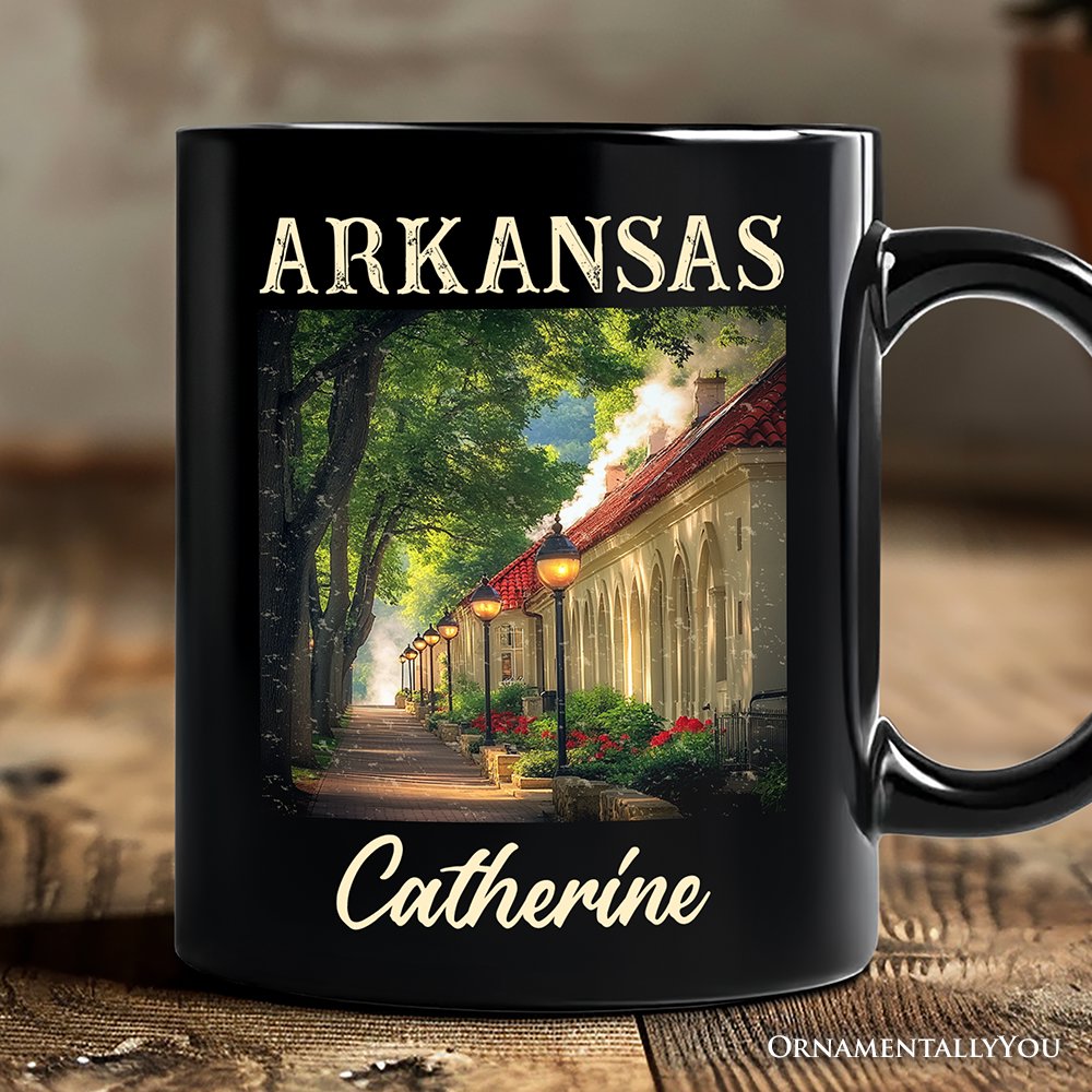 Vintage Arkansas State Hot Springs Personalized Mug, Bathhouse Row Gift and Scenic Landmark Keepsake Souvenir with Custom Name Personalized Ceramic Mug OrnamentallyYou Black Customized 